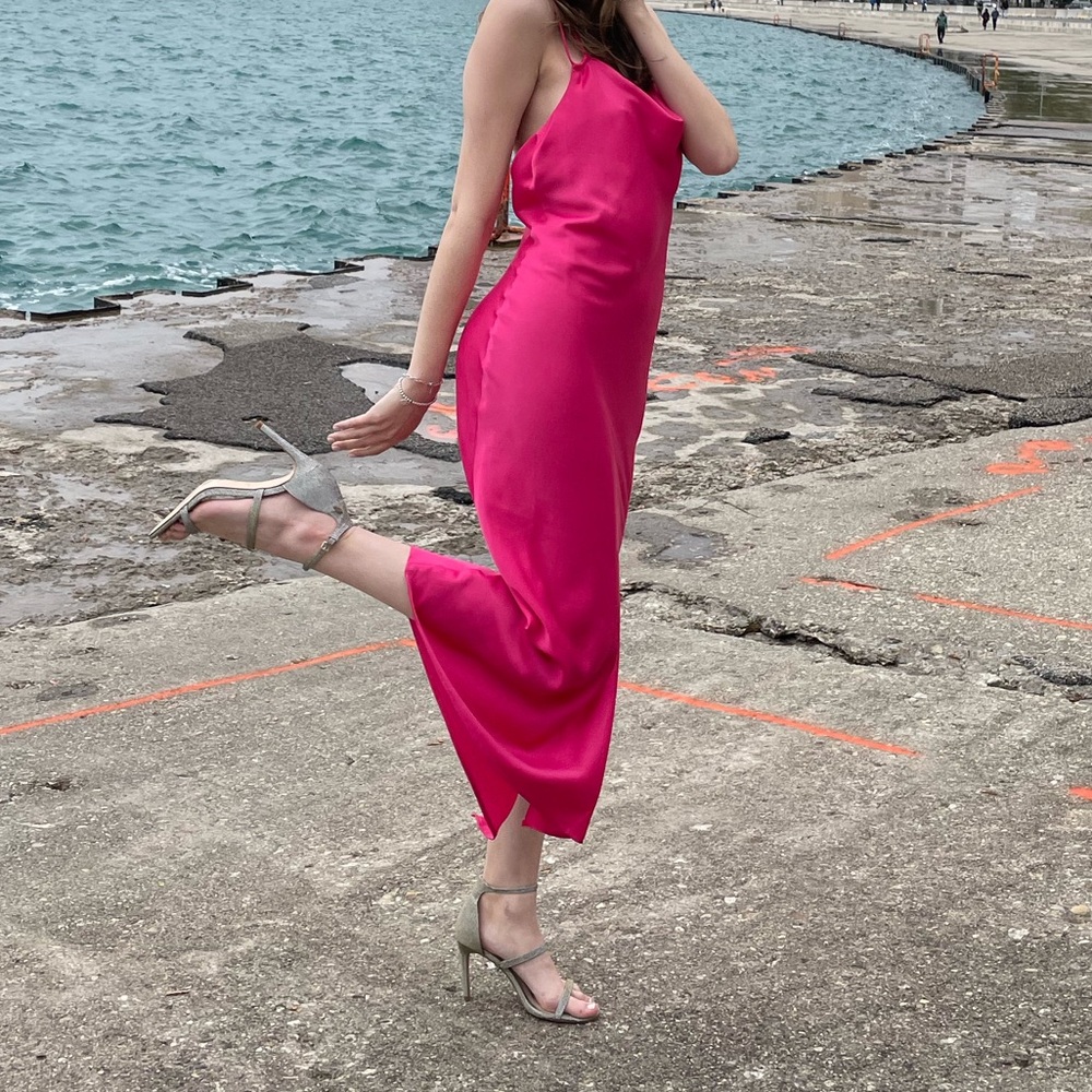 Zara Cowl Neckline Midi Hot Pink Dress with a side slit, size S
